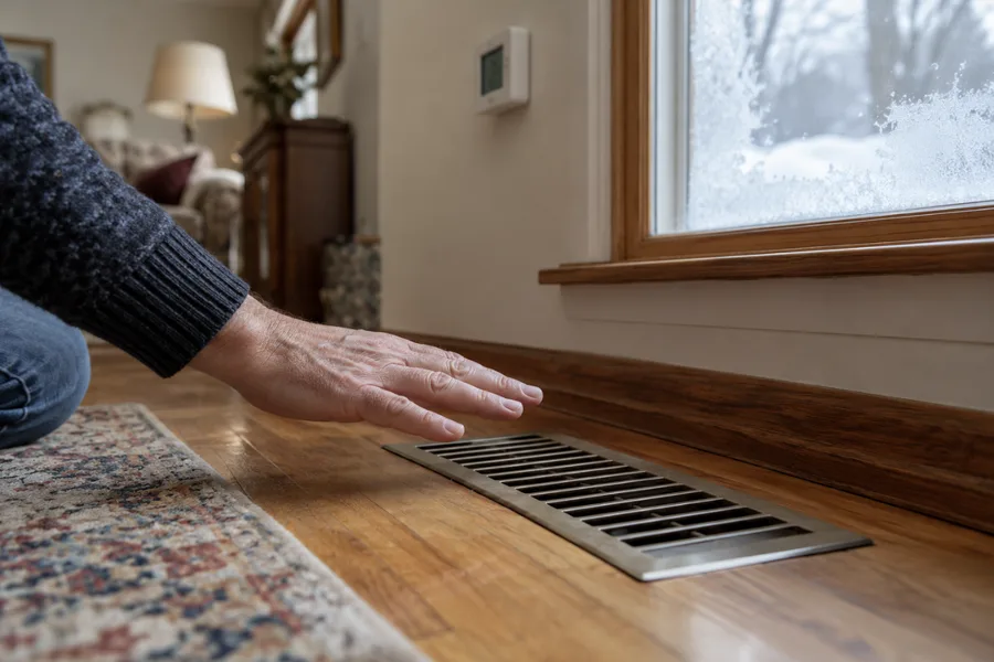 Hand at a supply vent feeling lukewarm air in winter