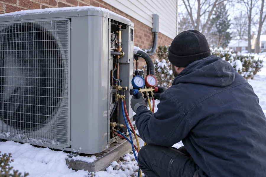Refrigerant gauges connected to an outdoor heat pump